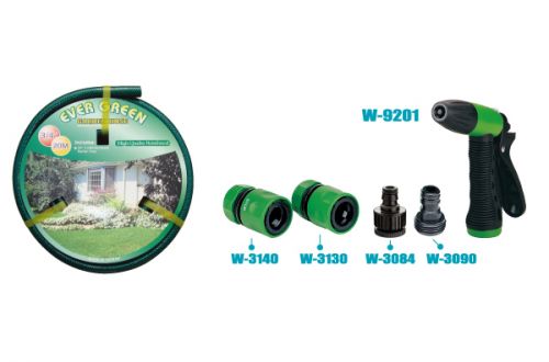 Manguera de jardín reforzada de 1/2 "y 15 metros con juego de pistola de cabeza de plástico ajustable de 5 piezas